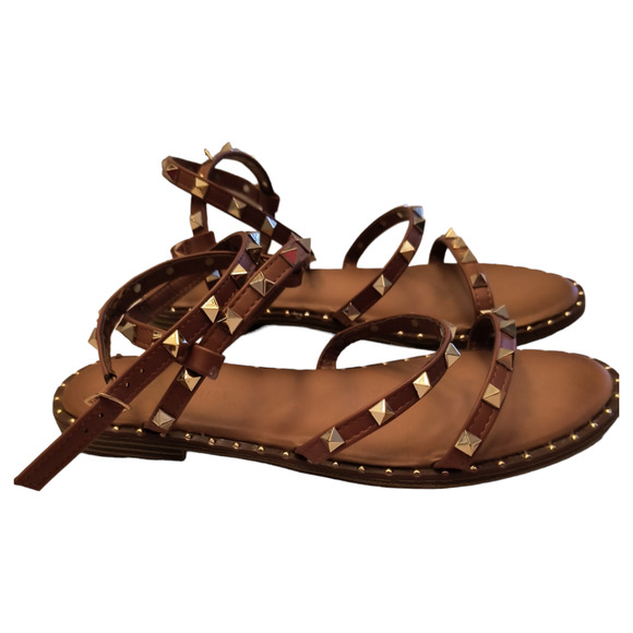 Madden Girl Fairway Sandals Women's 9.5 Tan Strappy Studded Ankle Strap Buckle - Picture 11 of 14